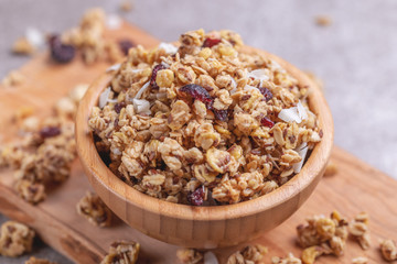 Bowl of homemade granola with nuts. Copy space