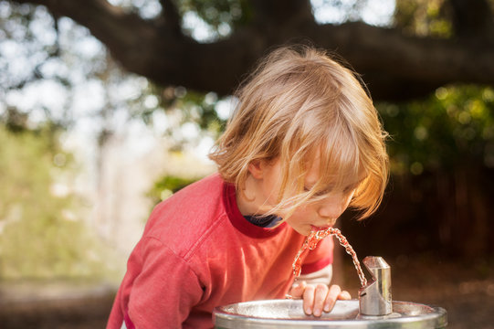 Boy drinking water from fountain