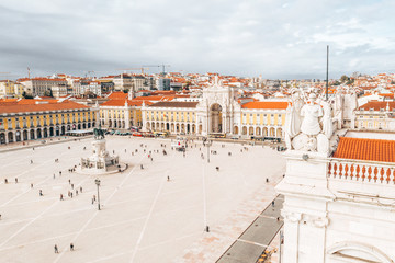 LISBON, PORTUGAL - 08/20/2018 - Aerial view of the famous Praca do Comercio (Commerce Square) - one...