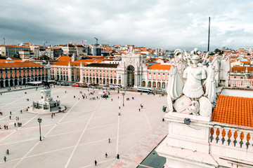 LISBON, PORTUGAL - 08/20/2018 - Aerial view of the famous Praca do Comercio (Commerce Square) - one...