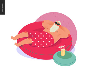 Sporting Santa - winter hot pool relaxing - modern flat vector concept illustration of cheerful Santa Claus laying down on the red rubber ring, wearing red polka dot boxer shorts, outdoor activity
