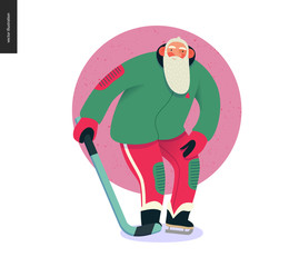 Sporting Santa - ice hockey -modern flat vector concept illustration of cheerful Santa Claus standing on the ice, wearing hockey equipment, skates with a stick, winter landscape, xmas outdoor activity