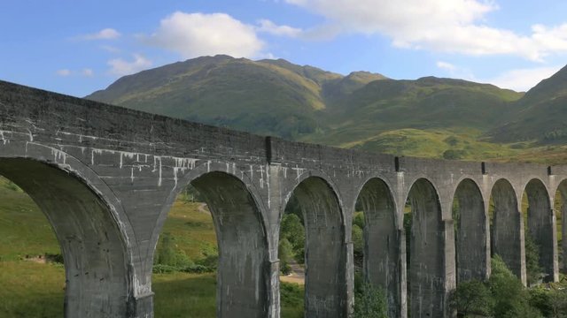 Aerial view of Glenfinnan steam railway Viaduct Scotland UK