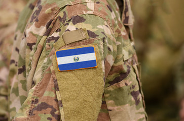 El Salvador flag on soldiers arm. Republic of El Salvador troops (collage)