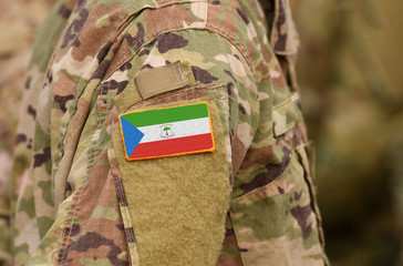 Equatorial Guinea flag on soldiers arm. Equatorial Guinea troops (collage)