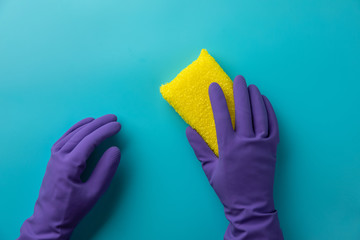 cleaning on blue background. Cleaning or housekeeping concept background. Flat lay, Top view.