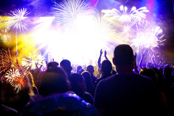 Fototapeta na wymiar crowd watching fireworks - New Year celebrations