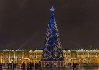 St. Petersburg, Russia - December 15, 2017: Winter Palace and Christmas Tree on square at night