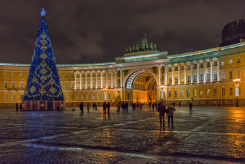 Saint Petersburg, Russia - December 15, 2017: Christmas Tree on Palace square at night