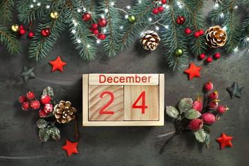 Christmas Eve Date On Calendar, December 24, with Christmas decorations and festive lights