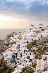 Fototapeta premium High angle view of Santorini against cloudy sky