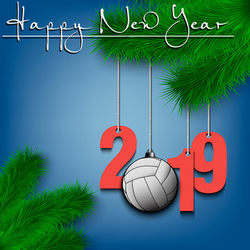 Volleyball ball and 2019 on Christmas tree branch