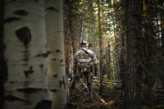 Rear view of hunter walking in forest