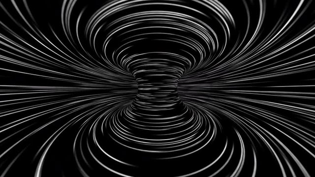 Turning black and white striped torus, inner view. Loopable animation