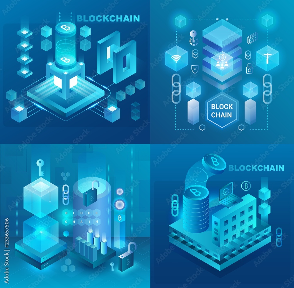 Aufkleber Data center, cryptocurrency and blockchain technology market isometric vector illustrations set.