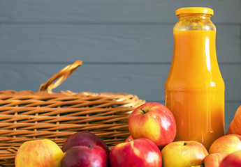 Fresh juice in a bottle with apples and carrots, organic food, healthy eating