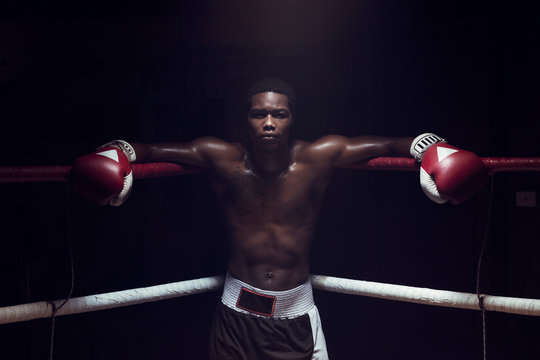 Portrait of boxer leaning while standing in boxing ring