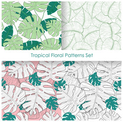 Vector illustration set of seamless patterns with tropical palm leaves, monstera. Floral exotic plants pattern. Swimwear summer clothes design in flat style.