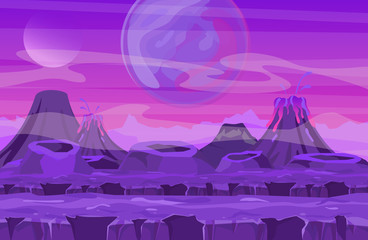 Vector illustration of space landscape with pink planet view. Mountains and volcanos, other planets in the sky. Fantastic alien landscape in red colors, sci-fi background for UI Game in flat cartoon