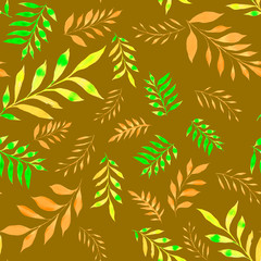 branches with green leaves and yellow on a brown color