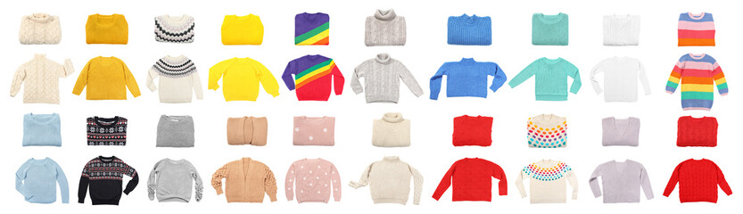 Set of cozy warm sweaters on white background