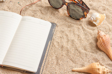 Fototapeta na wymiar Daily planner on a sandy beach with shells and sunglasses.