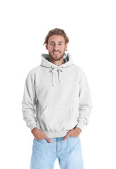 Portrait of man in hoodie sweater on white background. Space for design