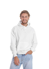 Portrait of man in hoodie sweater on white background. Space for design