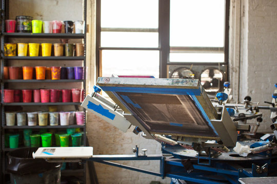 Silk screen machinery in workshop