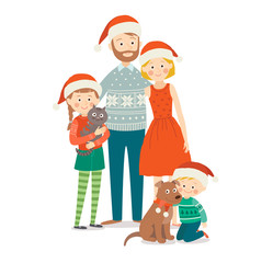 Family celebrations portrait. Happy family at Christmas. Cartoon vector hand drawn eps 10 illustration isolated on white background in a flat style.