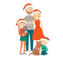 Family with two children at Christmas. Mother, father, daughter and son in Christmas red hats. Family selebrations. Cartoon vector hand drawnillustration isolated on white background in a flat style.