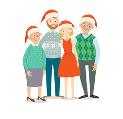 Christmas family portrait. Senior parents with their adult children. Cartoon vector hand drawn illustration isolated on white background in a flat style.