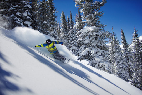 Man snowboarding on snow covered field against trees