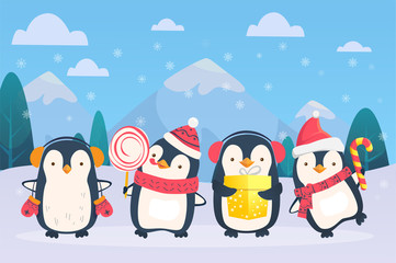 christmas penguins on snowy background