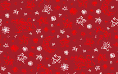 Seamless Christmas pattern with stars, snowflakes, crescent, deer and sleigh. Doodles Vector Illustration.