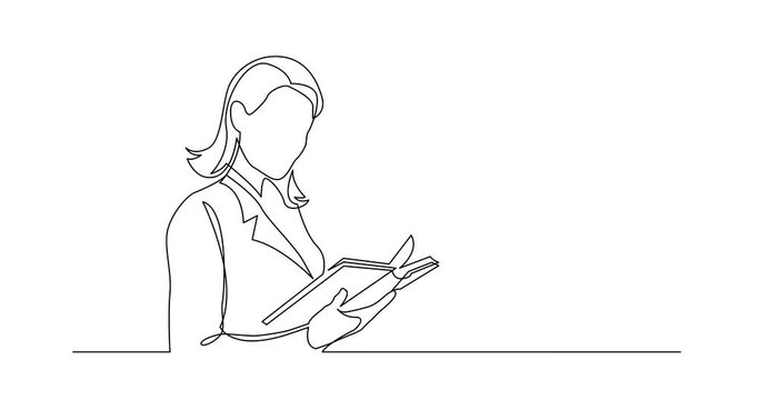 Self Drawing Line Animation of continuous line drawing of business woman reading book