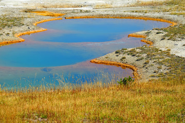 Naklejka na ściany i meble View of turquoise water pools in the West Thumb Geyser Basin in Yellowstone National Park, United States