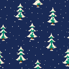 Seamless Christmas pattern with flat colored snowy fir trees