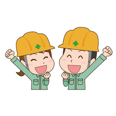 ヘルメット　工場作業員　ガッツポーズ　男女