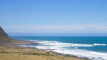 Landscape view of coastal New Zealand along Cape Palliser, the most southern part of the North Island.
