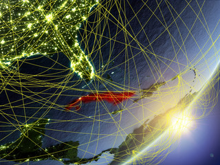 Cuba on model of planet Earth with network during sunrise. Concept of new technology, communication and travel.