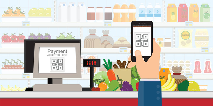 Hand holding smartphone to scan QR code payment in supermarket.