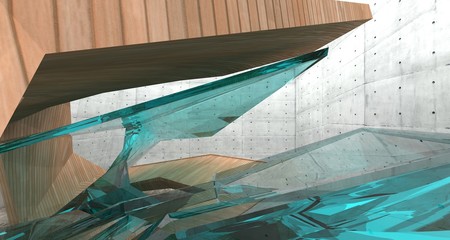 Obraz premium Abstract concrete and wood interior with window. 3D illustration and rendering.
