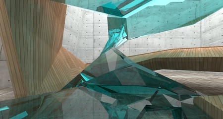 Abstract  concrete and wood interior  with window. 3D illustration and rendering.