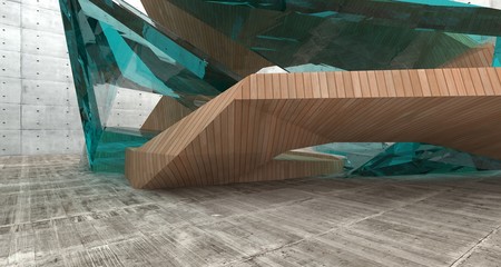 Abstract  concrete and wood interior  with window. 3D illustration and rendering.