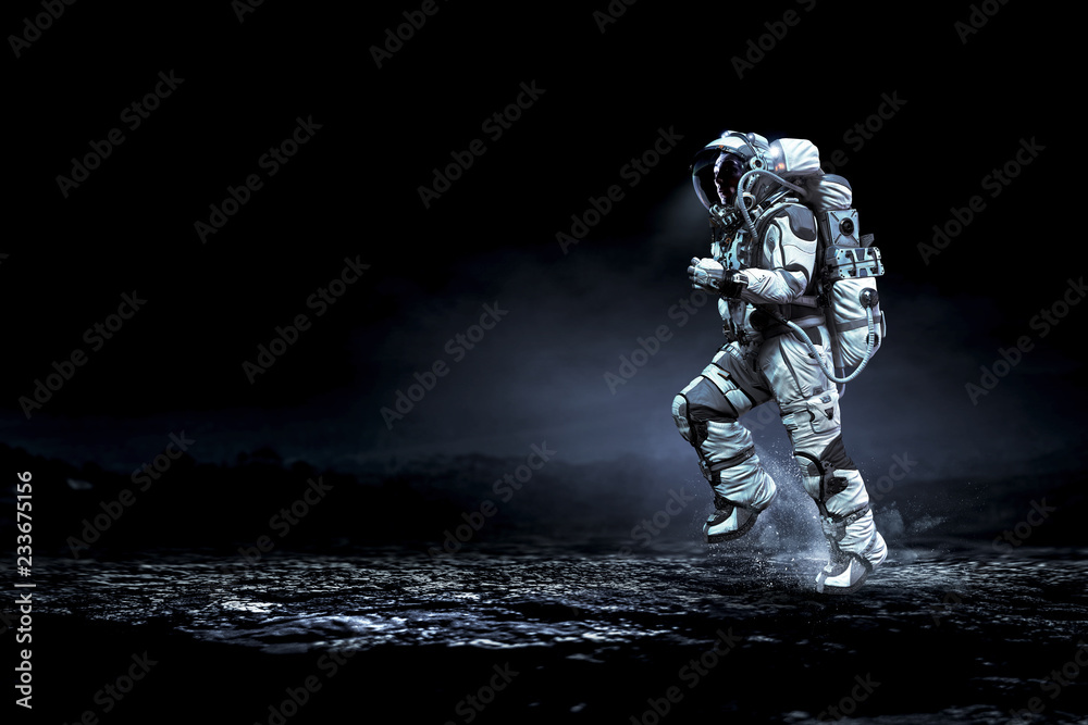 Wall mural spaceman running fast. mixed media