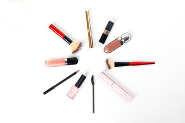 Beauty makeup face hair accessories beautician artist on white background copy space border frame top view