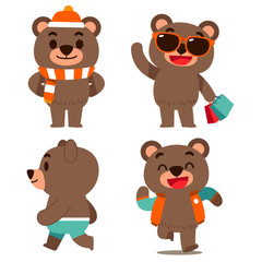 Vector set of bear characters with costume in different action poses