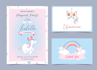 Fototapeta na wymiar Pastel birthday invitation with unicorn,head,rainbow,frame and star