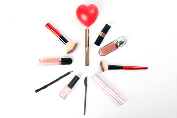 Beauty makeup face hair accessories beautician artist on white background copy space border frame top view